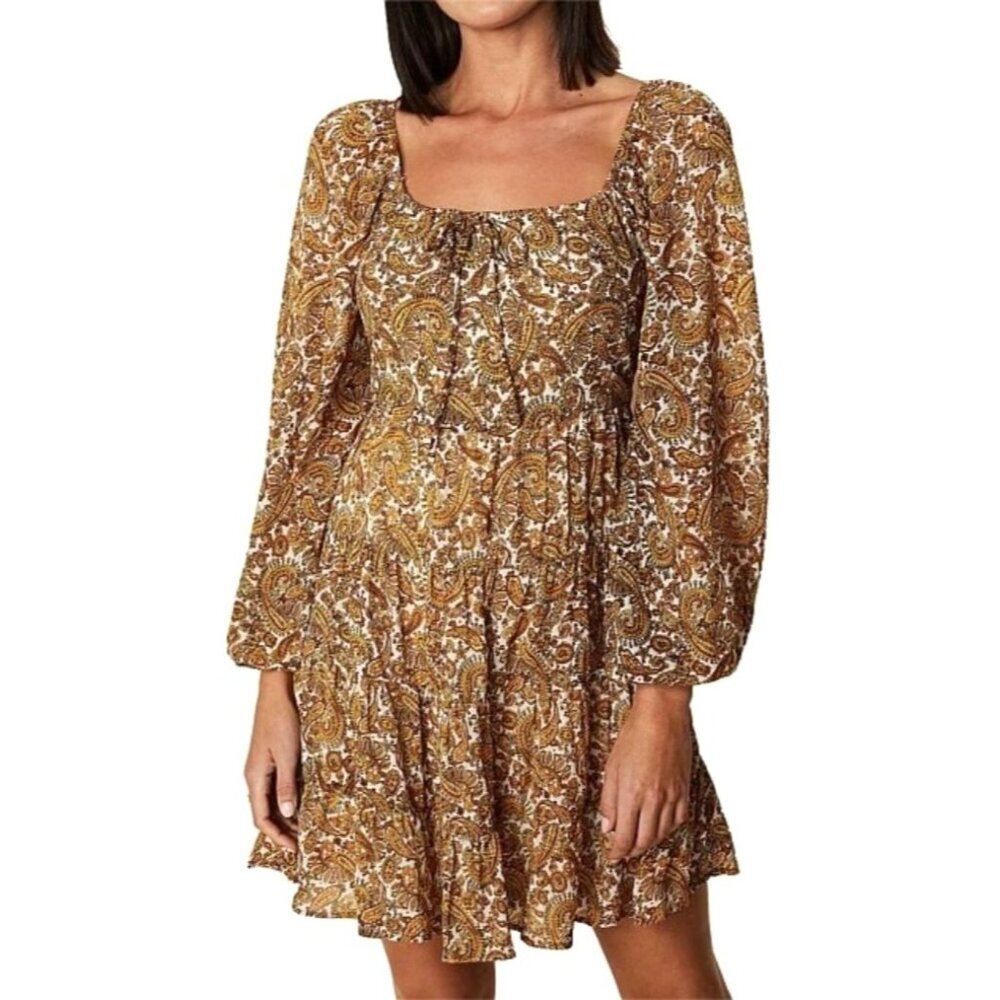 Faithfull The Brand Dress Women 4 Gold Indira Balloon Sleeve Paisley Mini‎ Boho